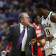 Head coach Tom Izzo of the Michigan State Spartans glares at Aaron Henry after a play during their game in the First Round of the NCAA Basketball Tournament against the Bradley Braves at Wells Fargo Arena on March 21, 2019 in Des Moines, Iowa.